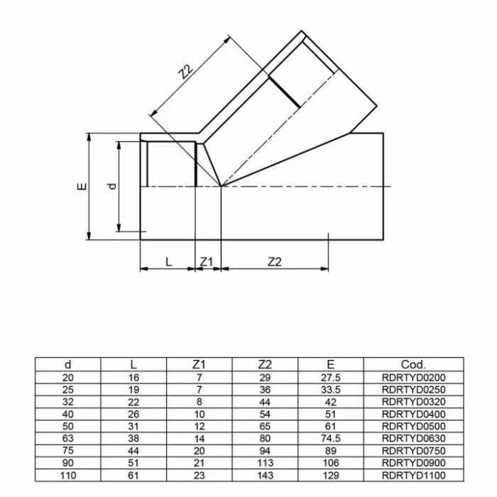 Трійник ПВХ Effast RDRTYD0200 45° клеєвий, d20 мм