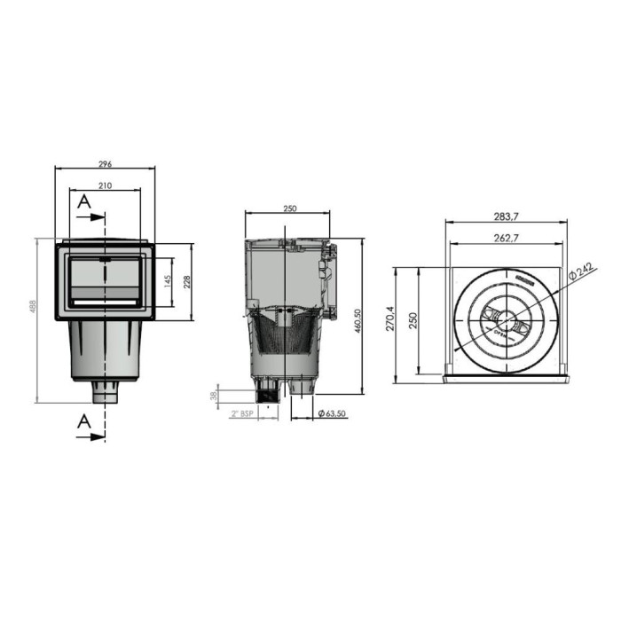 Скімер для басейну Astral 17.5L, SPS 250, 210 х 145 мм, з латунними вставками, під плівку