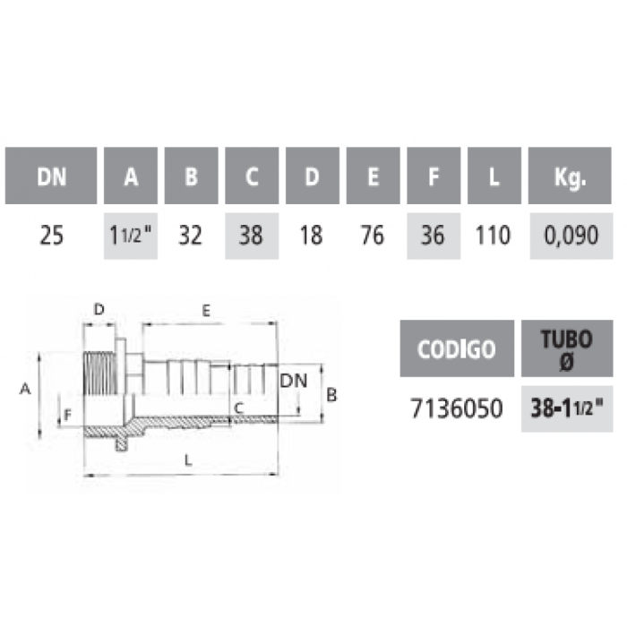 Дорн шланговий 38 х 1,5" зовн.