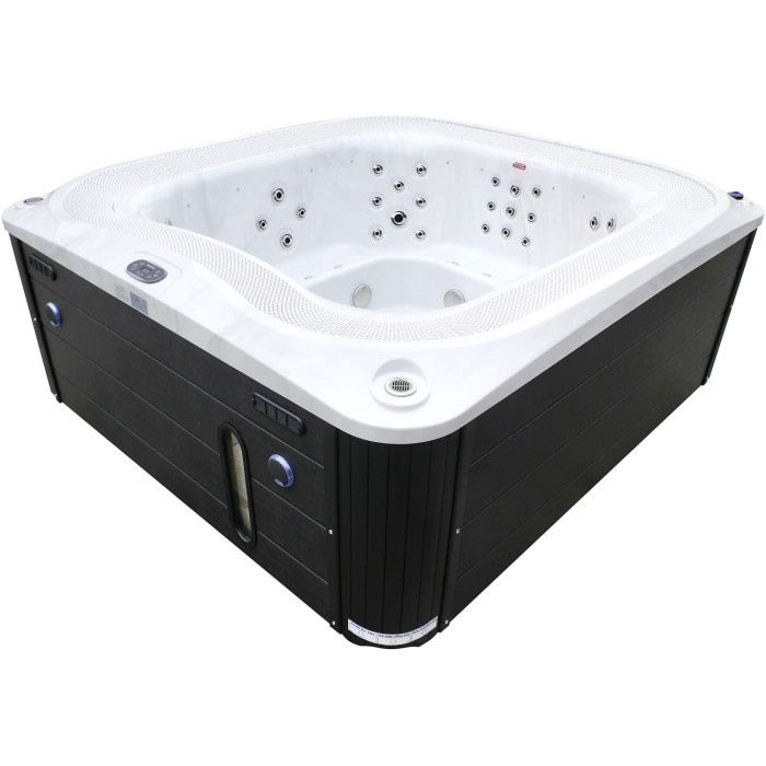 Переливний гідромасажний басейн Aquajoy Serenity (250х230х96 см), сріблясто-білий мармур, чорний корпус